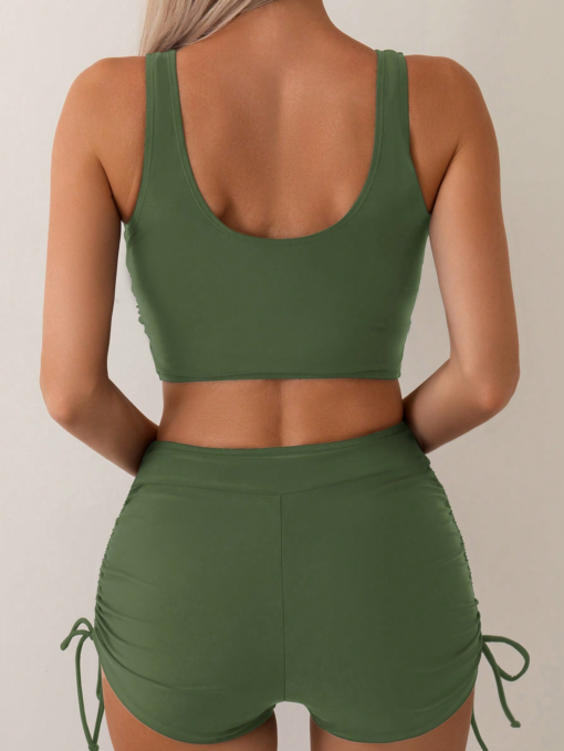 Solid Color Criss Cross Backless Tankini Set Summer Beach VO5 - Image 2