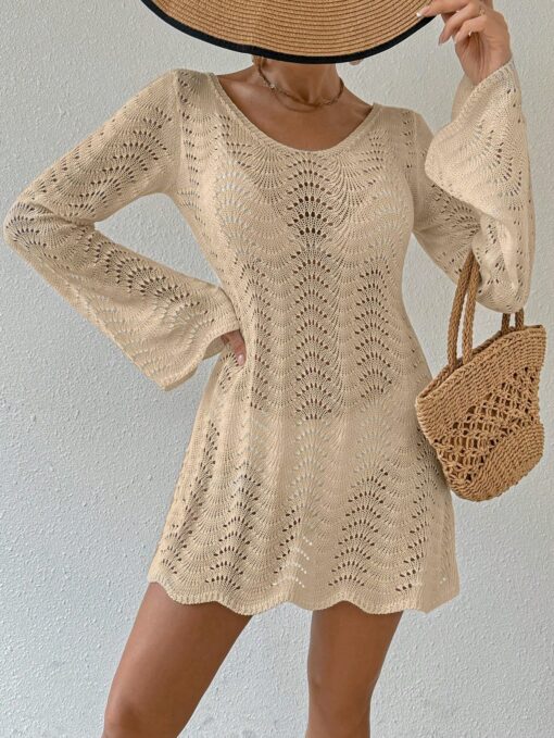 Women's Summer Beach Hollow Out Knitted Tie Backless Cover-Up Dress VO2