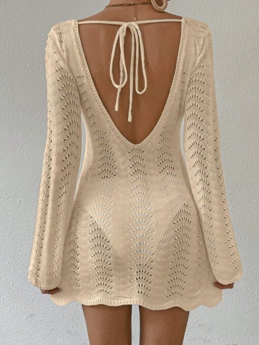 Women's Summer Beach Hollow Out Knitted Tie Backless Cover-Up Dress VO2 - Image 3