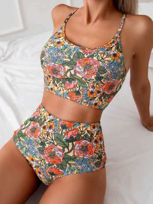 Swim Plain Texture Halter Fashion Women Tankini Set Summer VO9
